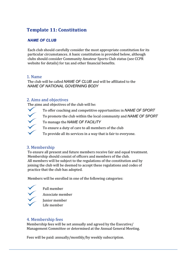 Club Constitution Template In Word And Pdf Formats