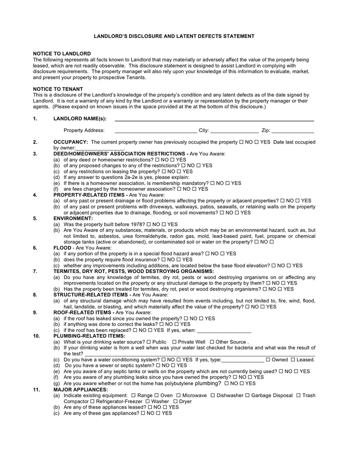 Landlord’s disclosure and latent defects statement in Word and Pdf formats