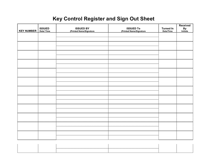 Key control register and sign out sheet in Word and Pdf formats page