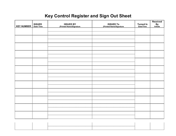 Key Control Register And Sign Out Sheet In Word And Pdf Formats Page 