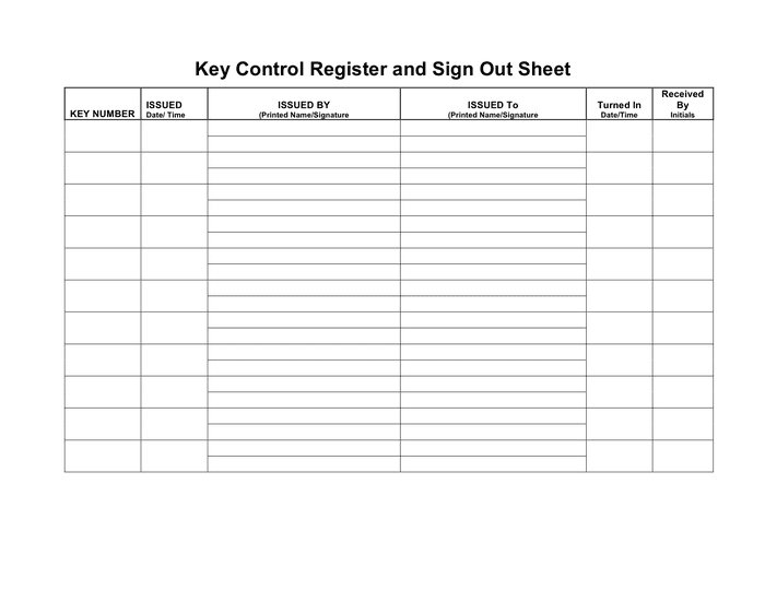 Key Control Register And Sign Out Sheet In Word And Pdf Formats Page