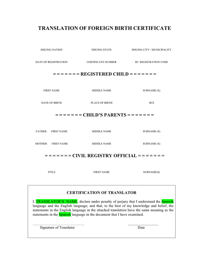 Printable Birth Certificate Translation Template 10800 HotPicture