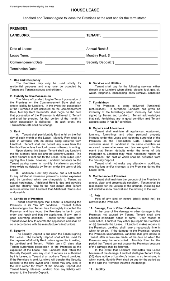 House lease agreement in Word and Pdf formats