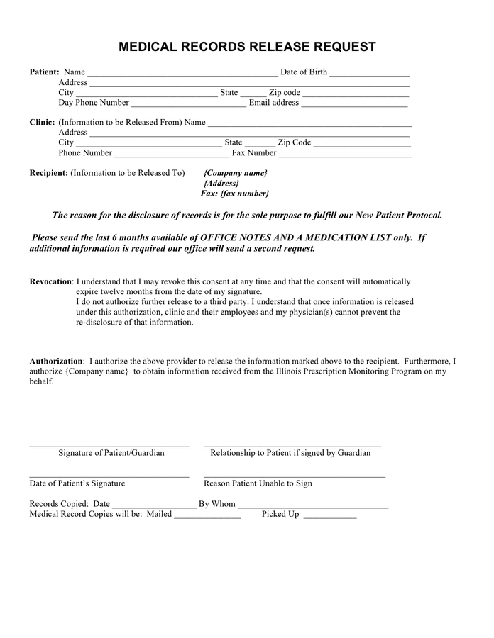 MEDICAL RECORDS RELEASE REQUEST In Word And Pdf Formats