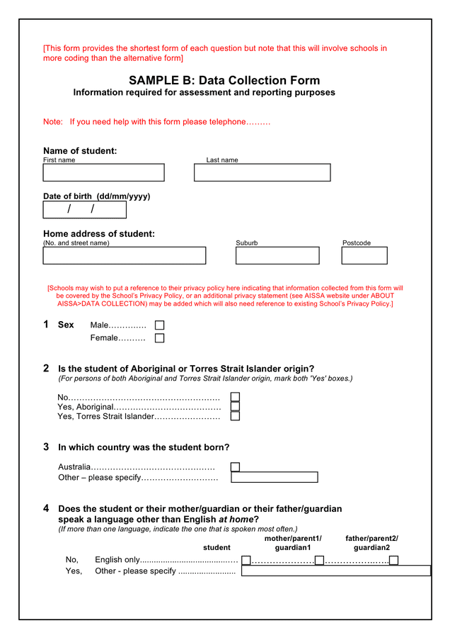 Sample Data Collection Forms Australia In Word And Pdf Formats Page