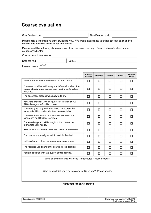 Course Evaluation Form In Word And Pdf Formats 39468 Hot Sex Picture 4050