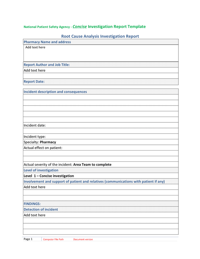 Root cause analysis investigation report template in Word and Pdf formats