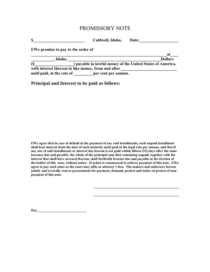 Promissory note template in Word and Pdf formats