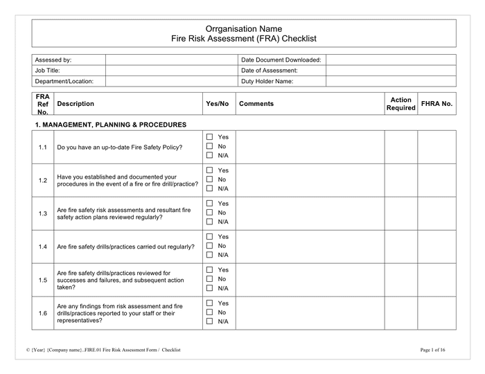 Fire risk assessment checklist in Word and Pdf formats