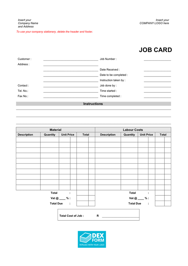 Job card template in Word and Pdf formats