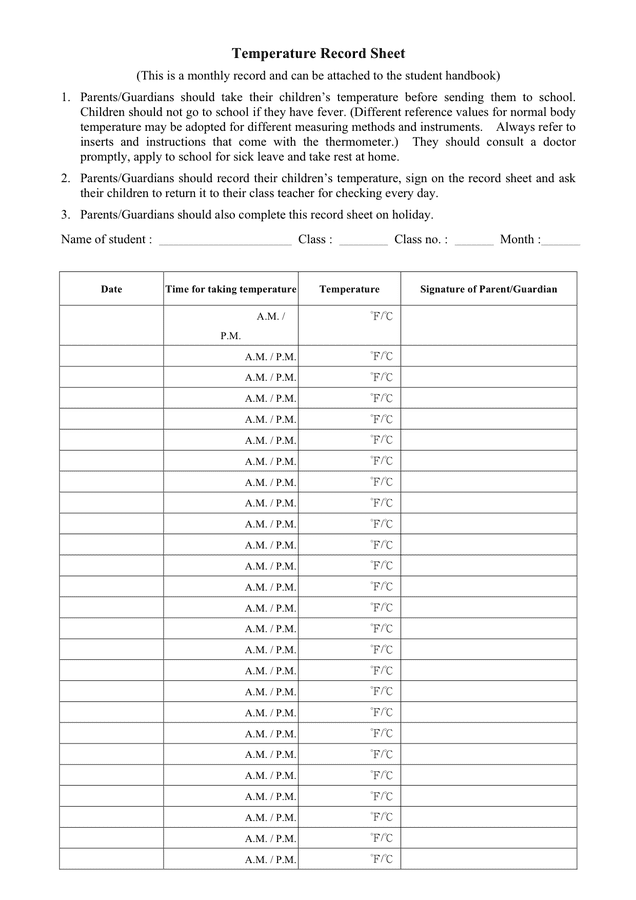 Temperature Record Sheet In Word And Pdf Formats