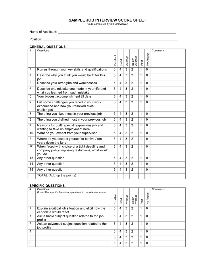 Sample job interview score sheet in Word and Pdf formats