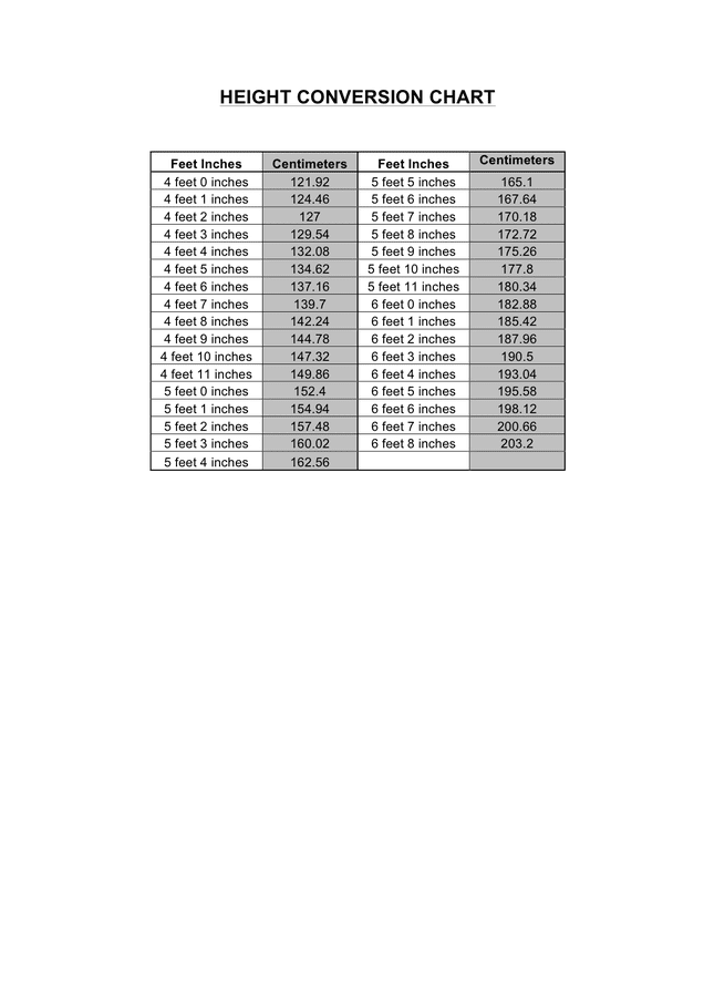 Height Conversion Chart Printable Printable Templates