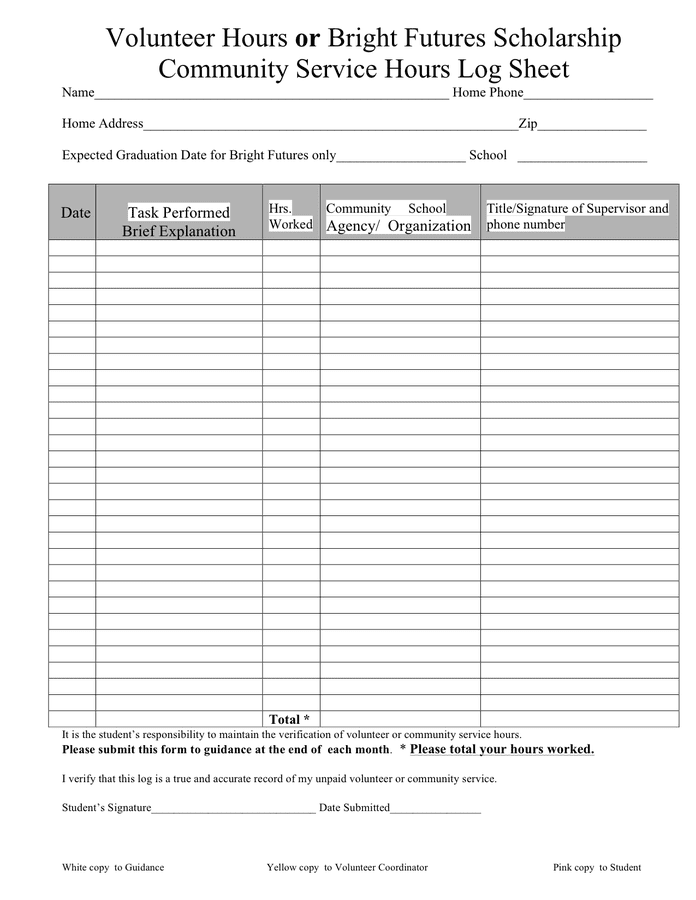 Community service hours log sheet in Word and Pdf formats