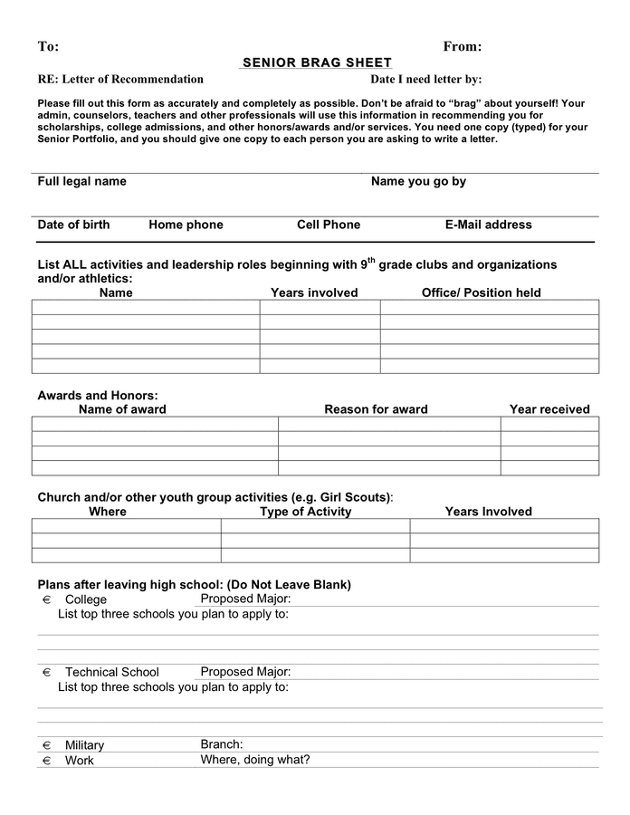 High School Brag Sheet Template Doc