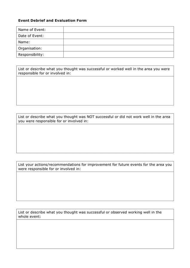 Event debrief and evaluation form in Word and Pdf formats
