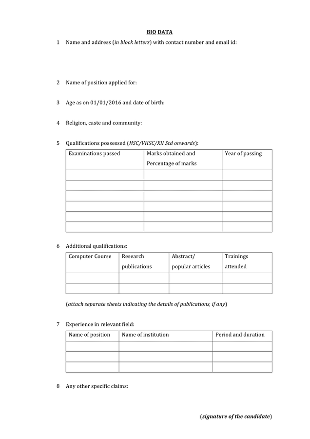 Bio Data Form In Word And Pdf Formats 5909