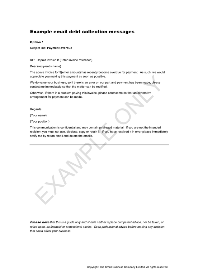 Example email debt collection messages in Word and Pdf formats