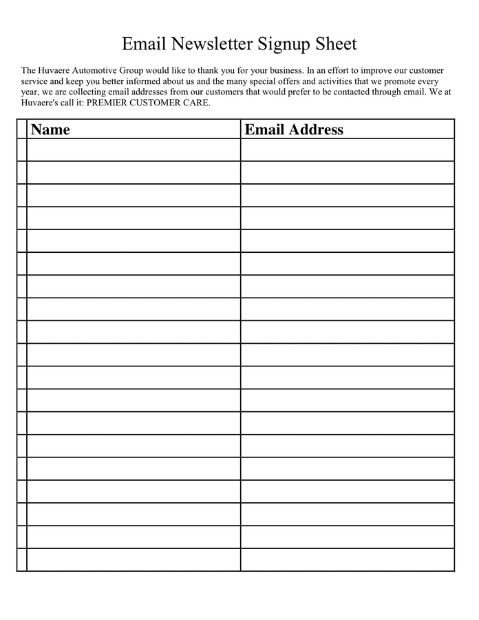 Email Newsletter Signup Sheet in Word and Pdf formats