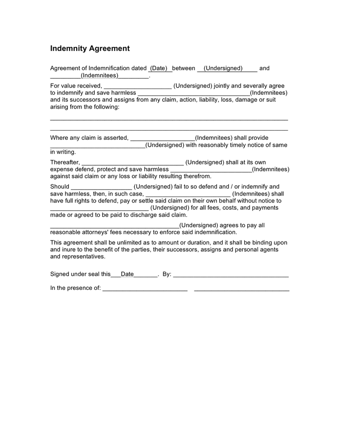 Printable Indemnity Form Template Printable Forms Free Online 2547