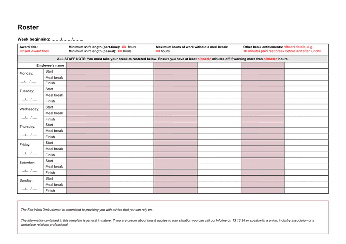 Staff roster template