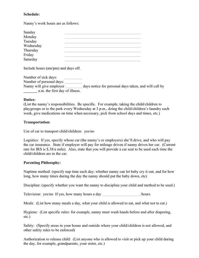 Sample nanny contract in Word and Pdf formats page 2 of 3