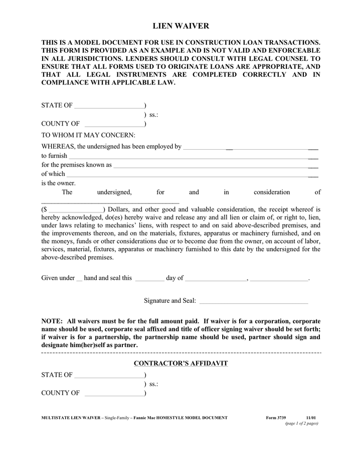 Printable Lien Waiver Form Customize And Print