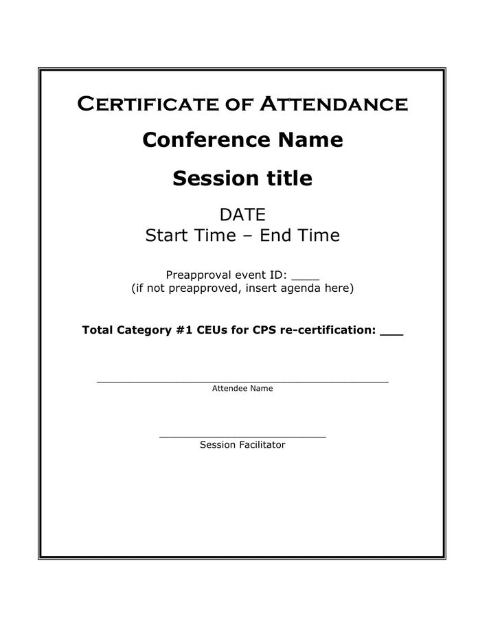 Certificate of attendance template in Word and Pdf formats