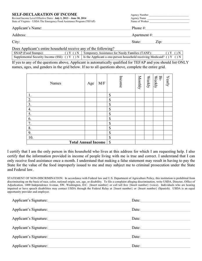 Self Declaration Of Income Form In Word And Pdf Formats 9334