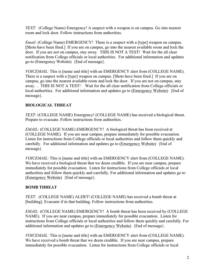 Emergency notification scripts samples in Word and Pdf formats page 2