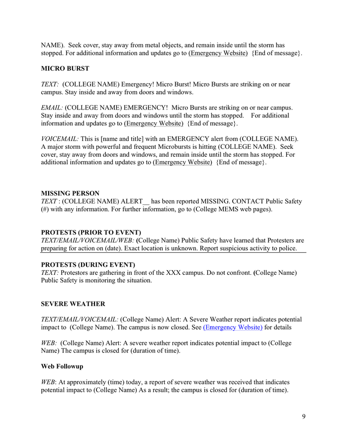 Emergency notification scripts samples in Word and Pdf formats page 9