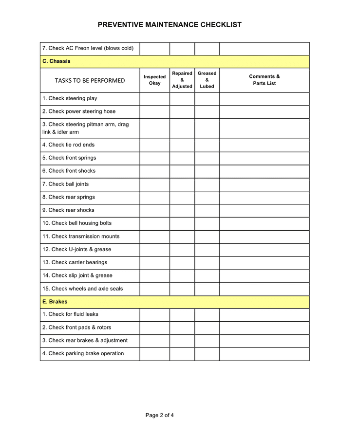 Preventive Maintenance Check Sheet In Word And Pdf Formats Page 2 Of 4