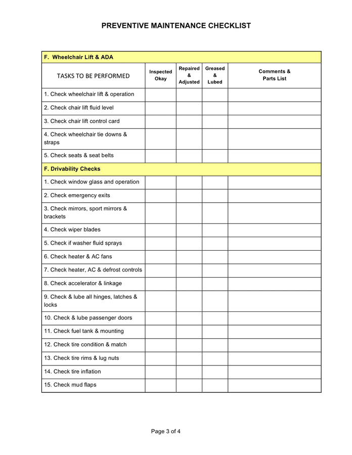 Preventive maintenance check sheet in Word and Pdf formats page 3 of 4
