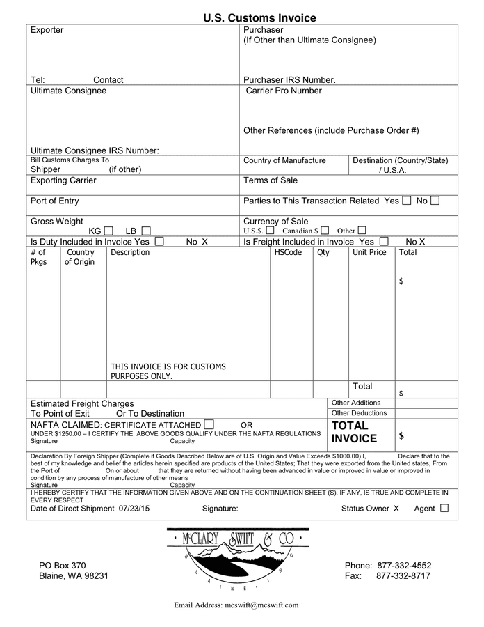 Canada Customs Invoice in Word and Pdf formats