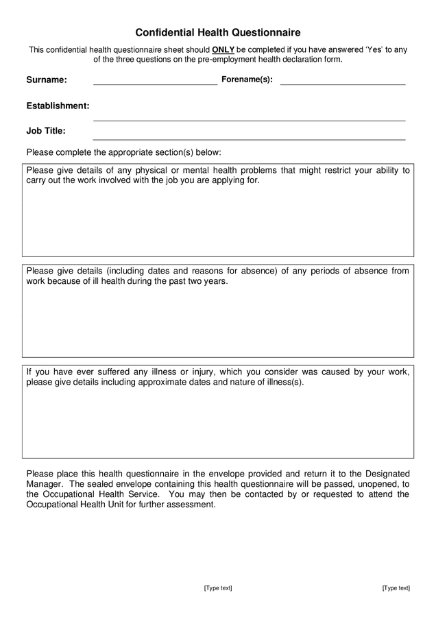 Pre Employment Health Declaration Form Great Britain In Word And Pdf