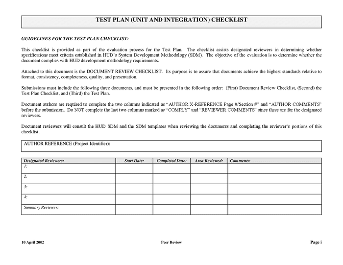 Test Unit And Integration Checklist In Word And Pdf Formats