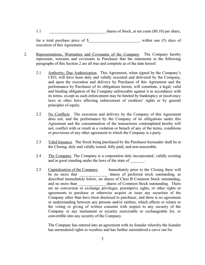 Stock purchase agreement in Word and Pdf formats - page 2 of 9