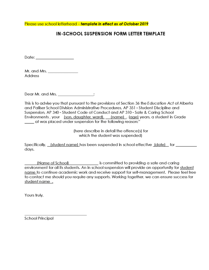 In school suspension form letter template in Word and Pdf formats