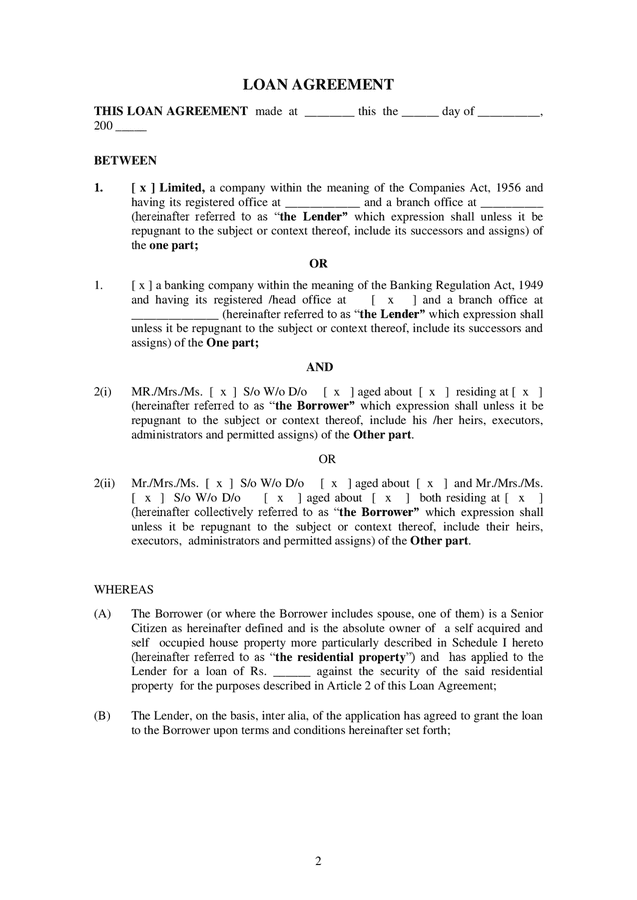 Reverse mortgage loan agreement template (India) in Word and Pdf ...