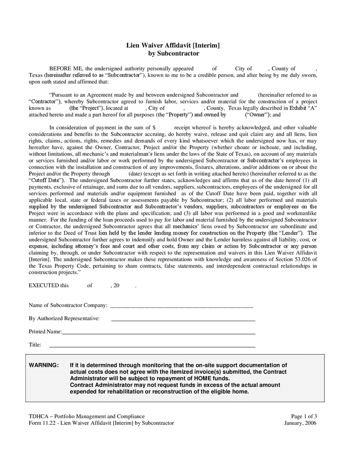 Lien Waiver Affidavit By Subcontractor Texas In Word And Pdf Formats 6609