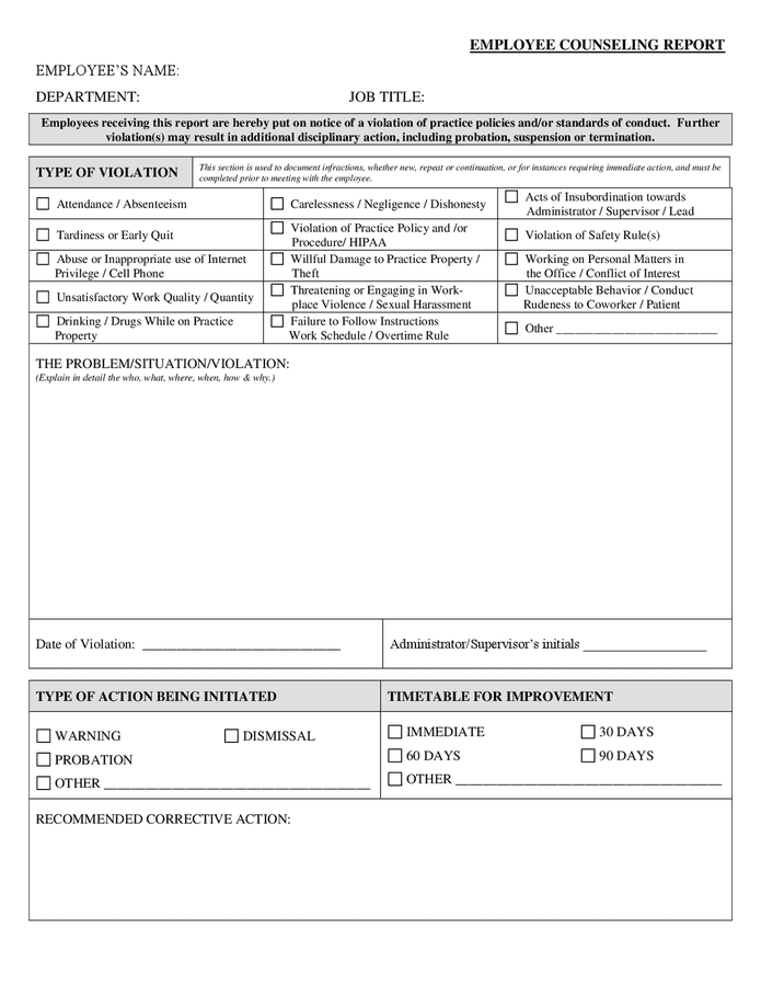 Employee Counseling Report Form In Word And Pdf Formats 8753