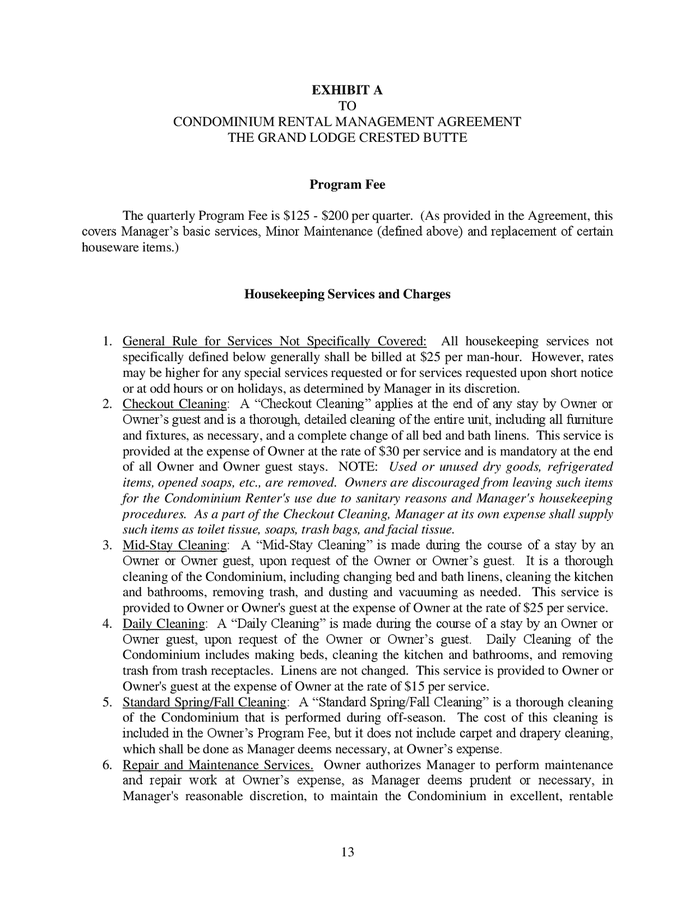 Condominium resort rental management agreement sample in Word and Pdf