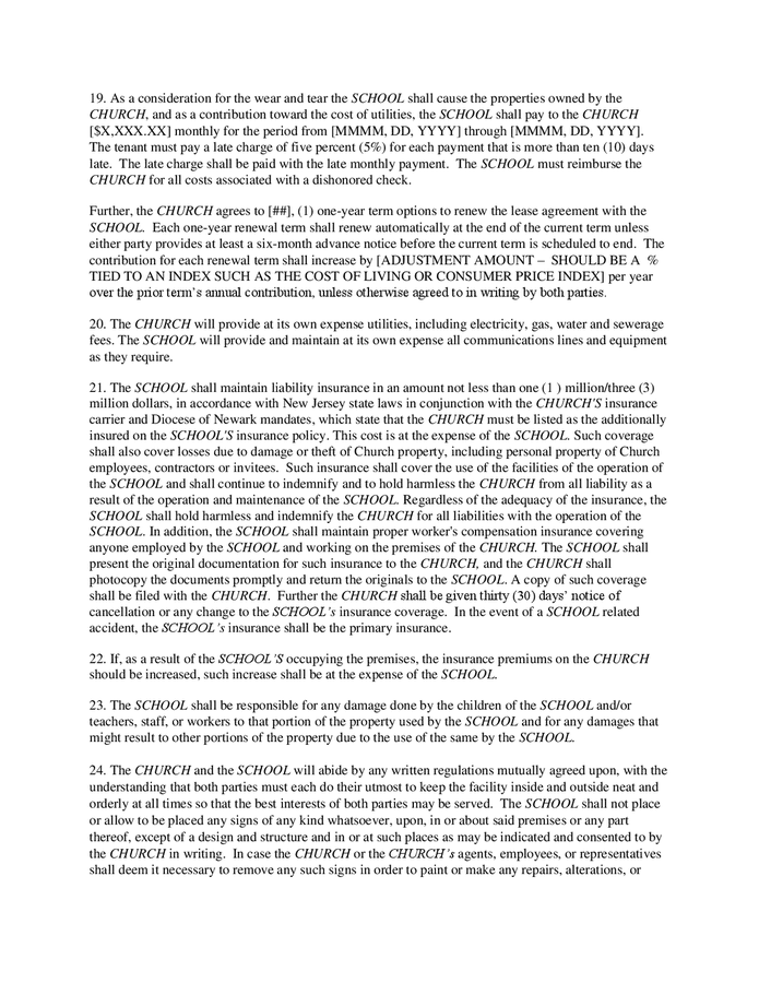 Lease agreement between church and school in Word and Pdf formats