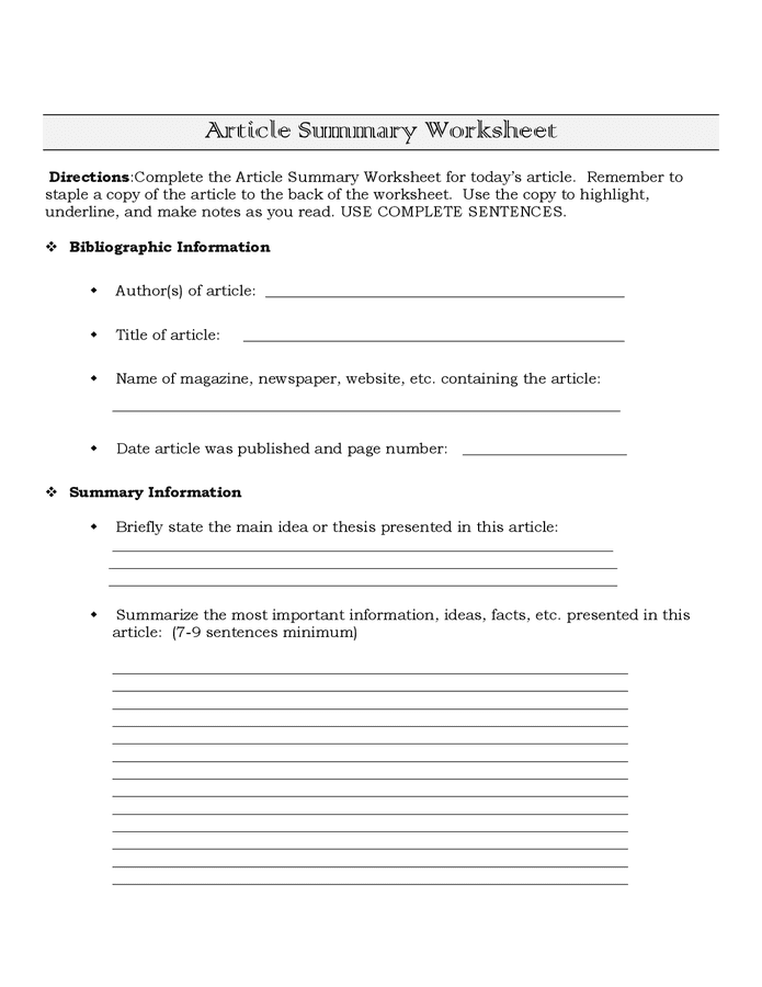 Article Summary Worksheet In Word And Pdf Formats