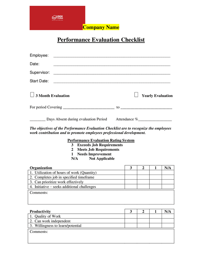 Performance Evaluation Checklist In Word And Pdf Formats