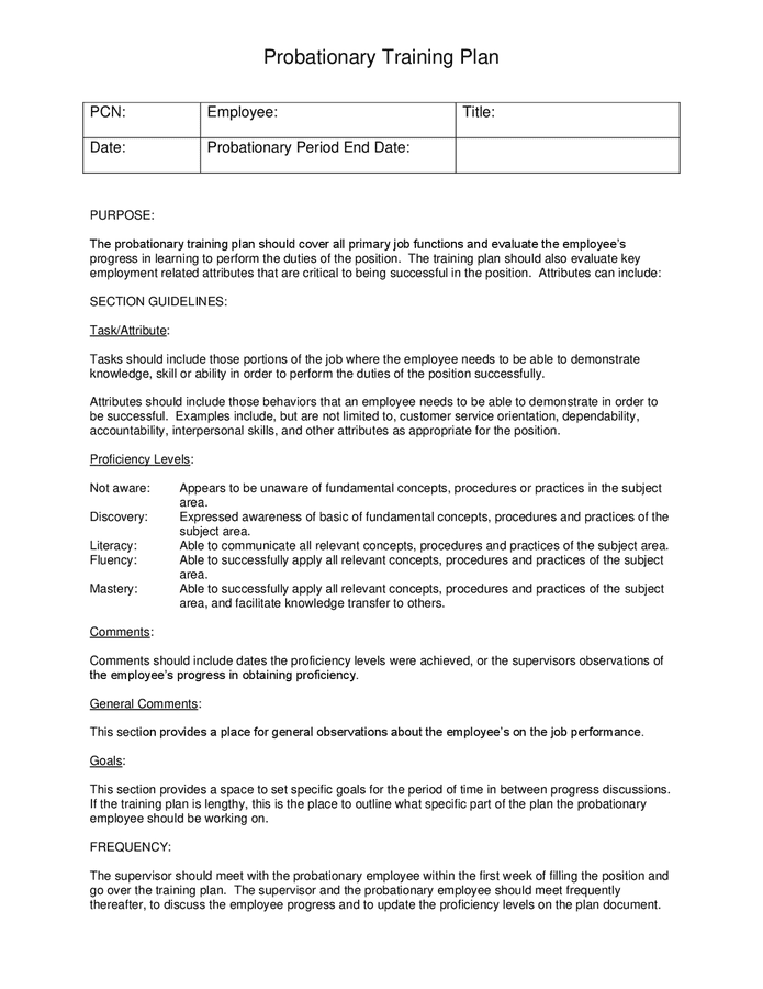 Probationary training plan template in Word and Pdf formats