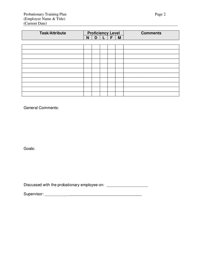 Probationary training plan template in Word and Pdf formats - page 2 of 2