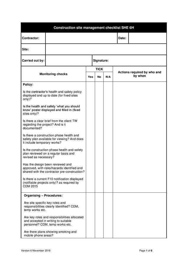 Construction site management checklist in Word and Pdf formats