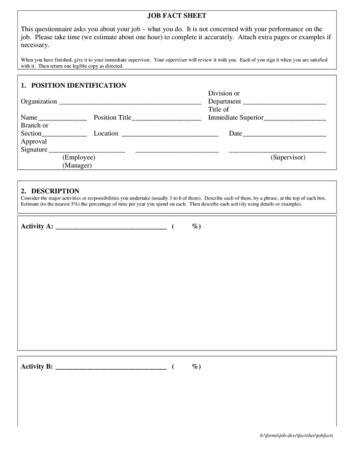 Job fact sheet form in Word and Pdf formats