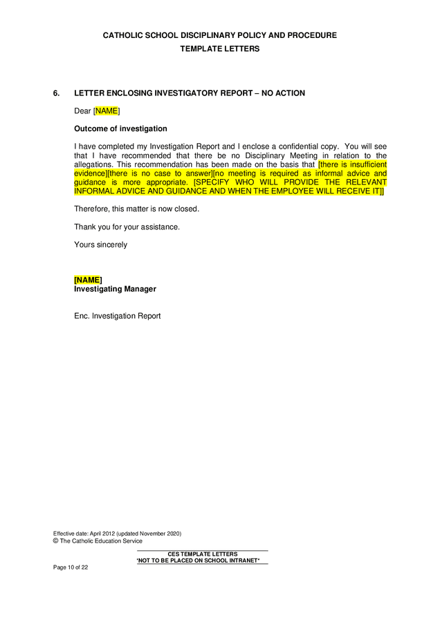 Catholic school disciplinary policy and procedure template letters in ...